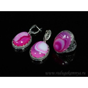 Кольцо и серьги с агатом тонированным, цвет фуксия Кольцо и серьги с агатом тонированным, цвет фуксия