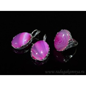 Кольцо и серьги с агатом тонированным, цвет фуксия