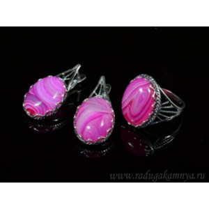 Кольцо и серьги с агатом тонированным, цвет фуксия