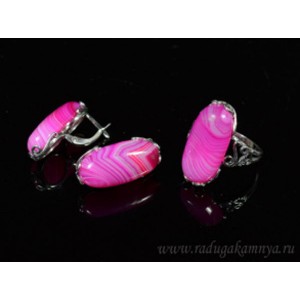 Кольцо и серьги с агатом тонированным, цвет фуксия