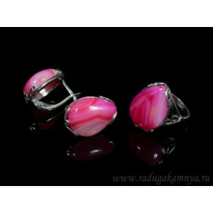 Кольцо и серьги с агатом тонированным, цвет фуксия