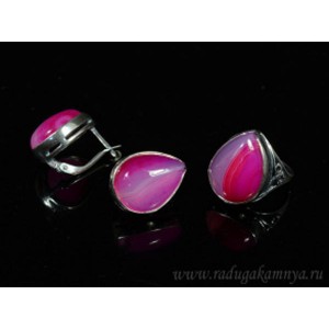 Кольцо и серьги с агатом тонированным, цвет фуксия