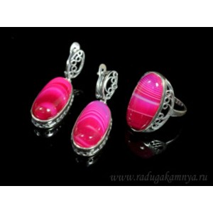 Кольцо и серьги с агатом тонированным, цвет фуксия