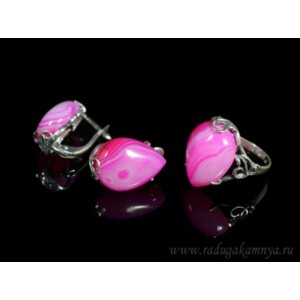 Кольцо и серьги с агатом тонированным, цвет фуксия
