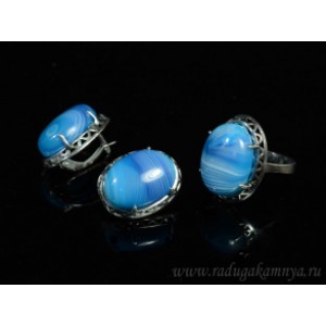 Кольцо и серьги с агатом тонированным,цвет голубой