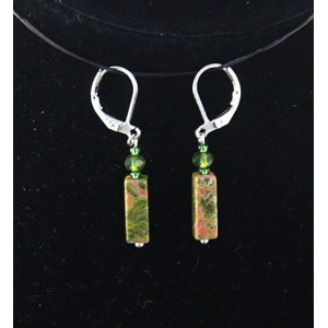 Серьги из унакита, брусок 12х4мм + хрусталь