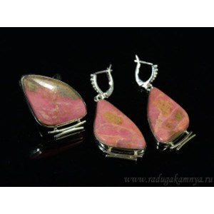 Кольцо и серьги из родонита грация