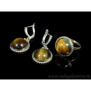 Кольцо и серьги тигровый глаз круг