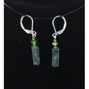 Серьги из яшмы зеленой, брусок 12х4мм + хрусталь