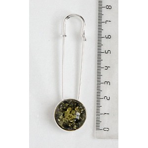 Брошь-булавка из янтаря (переплавленый), круг 20мм, цвет зеленый