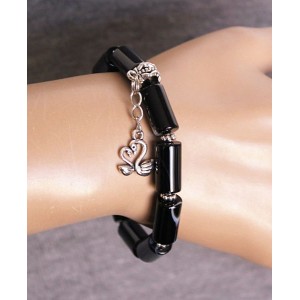 Браслет из агата черного, цилиндр, с подвеской