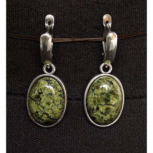 Серьги из змеевика, простой овал 18х13мм, швензы посеребрение