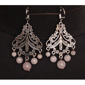 Серьги из кварца розового, шарик 8,6,4мм, коннектор "джунгли"