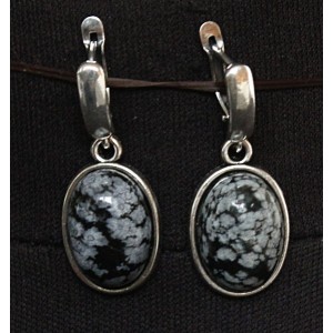 Серьги из обсидиана снежного, простой овал 18х13мм, швензы посеребрение