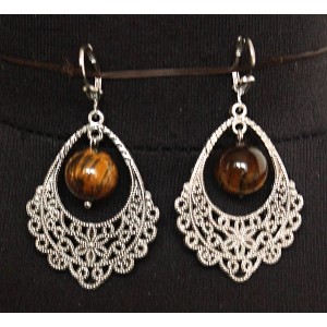 Серьги из тигрового глаза, шарик 12мм, коннектор "корзина цветов"