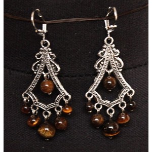 Серьги из тигрового глаза, шарик 4-8мм, коннектор "кленовый лист"