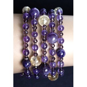 Браслет из аметиста и цитрина 5-6 оборотов, из бусин, на струнке, шарик 6-9мм