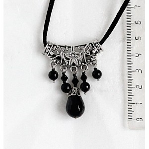 Колье-кулон из агата черного на ажурном коннекторе, капелька огранка + шарик 6мм