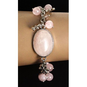 Браслет из кварца розового, овал 25х18мм + шарик, на цепочке