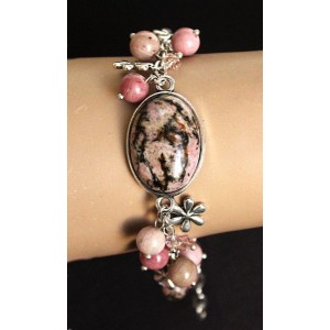 Браслет из родонита, овал 25х18мм + шарик 8мм, на цепочке