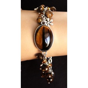 Браслет из тигрового глаза, овал 25х18мм + шарик и галтовка, на цепочке