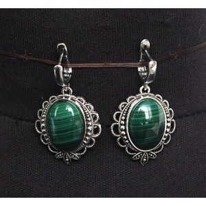 Серьги из малахита, овал 18х13мм, оправа "трилистник", швензы посеребрение