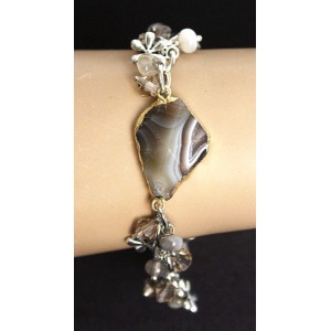 Браслет из агата серого, камень огранка+галтовка на цепочке