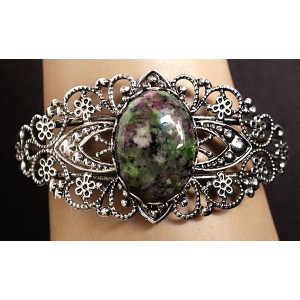 Браслет из цоизита, овал 25х18мм, жесткая основа цвет ант.серебро