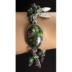 Браслет из цоизита, овал 25х18мм + галтовка, на цепочке