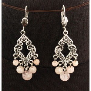 Серьги из кварца розового, шарик 4-8мм, коннектор "ромб ажурный"