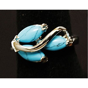 Кольцо с бирюзой (имитация), родиум, цвет темно-голубой "большой рис"