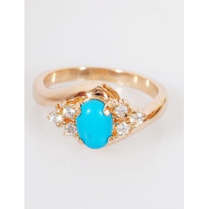 C830 Кольцо позолоченное с бирюзой (имитация) "1 камень 6 цирконов"
