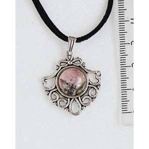 Кулон из родонита, круг 12мм, оправа "балерина"