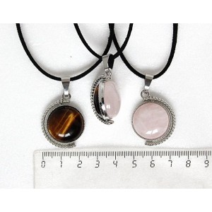 Кулон из тигрового глаза и кварца розового, круг 20мм, оправа "глобус", двусторонний