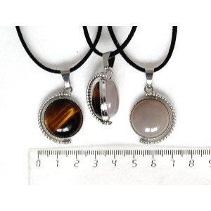 Кулон из тигрового глаза и агата серого, круг 20мм, оправа "глобус", двусторонний
