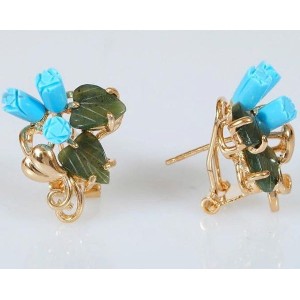 Серьги из бирюзы (имитация) и нефрита "3 розы 2 листа сердечко" (латунь, позолота)