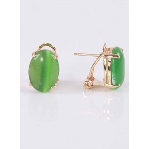 Серьги с зеленым кошачьим глазом (синт.), овал 14х10мм
