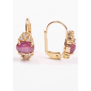 Серьги с фиолетовым кошачьим глазом (синт.) "1 камень 6 цирконов"