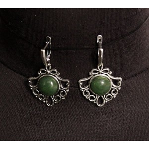 Серьги из нефрита, круг 12мм, оправа "балерина" швензы посеребрение