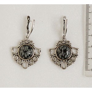 Серьги из обсидиана снежного, круг 12мм, оправа "балерина"