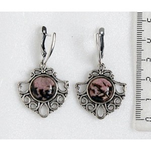 Серьги из родонита, круг 12мм, оправа "балерина", посеребрение
