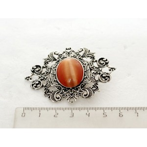 Брошь из кошачьего глаза (синт.) "филигрань", цвет оранжевый