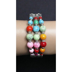 Браслет из разноцветных бусин, 3 ряда, бусины в центре, шарик до 8мм, на коннекторах и проволоке