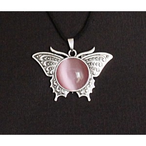 Кулон из кошачьего глаза (синт.) "бабочка", круг 20мм, цвет розовый