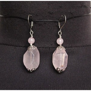 Cерьги из розового кварца, камень 20х15мм, крупная огранка, шарик 6мм и шапочки