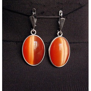 Серьги из кошачьего глаза (синт.), простой овал 25х18мм, цвет оранжевый, швензы посеребрение