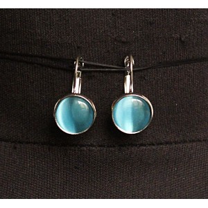 Серьги из кошачьего глаза (синт.), круг 12мм, цвет морская волна, замок петелька
