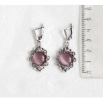 Серьги из кошачьего глаза (синт.) "два цветка", круг 12мм, цвет розовый, швензы посеребрение