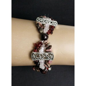 Браслет из граната, родонита, кварца розового, коннектор "вьюнок", шарик 8мм +галтовка, на резинке