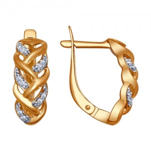 C925 Серьги с фианитом прозрачным "косичка", 2.75г, позолота, замок англ.